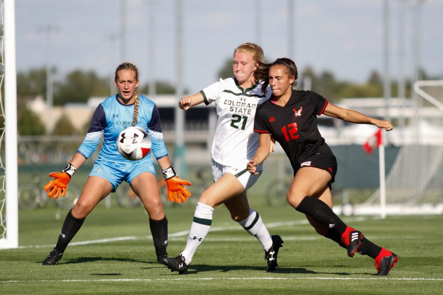 Haley Havlicek protects the goal from an Eastern Washington forward. (Ashley Potts | Collegian)