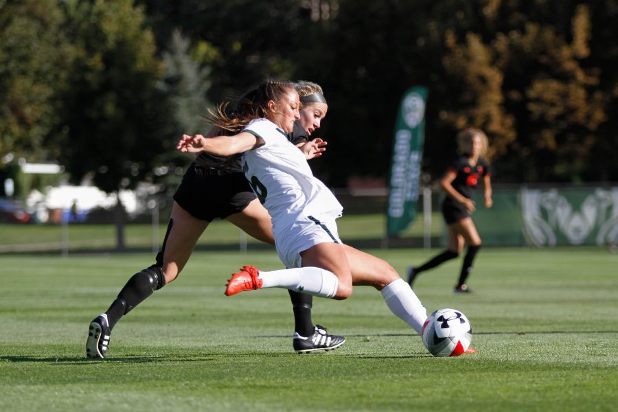 Lexi Swenson pushes past an Eastern Washington player to clear the ball away from the Rams goal. (Ashley Potts | Collegian)
