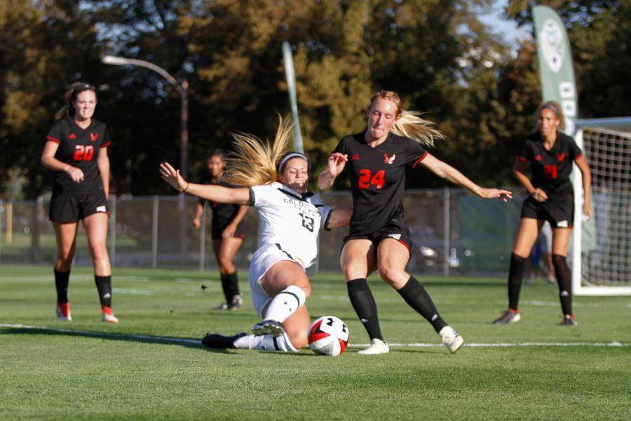 Caeley Lordemann attempts to tackle the ball away from an Eastern Washington player. (Ashley Potts | Collegian)
