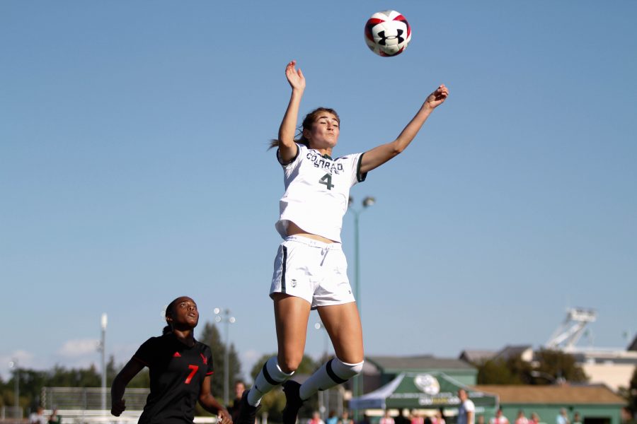 Taylor Steinke jumps up to head the ball during the gamea gainst Eastern Washington. (Ashley Potts | Collegian)