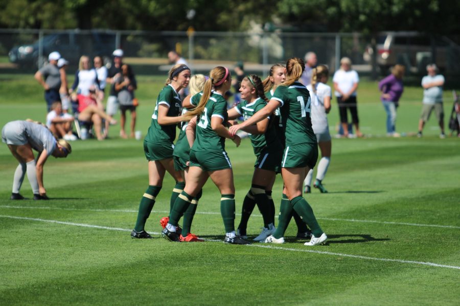 The Rams celebrate a penalty shot made by #13, Caeley Lordemann during the first half of the match. The Rams won 1-0 against Grand Canyon. (Joshua Contreras | Collegian)