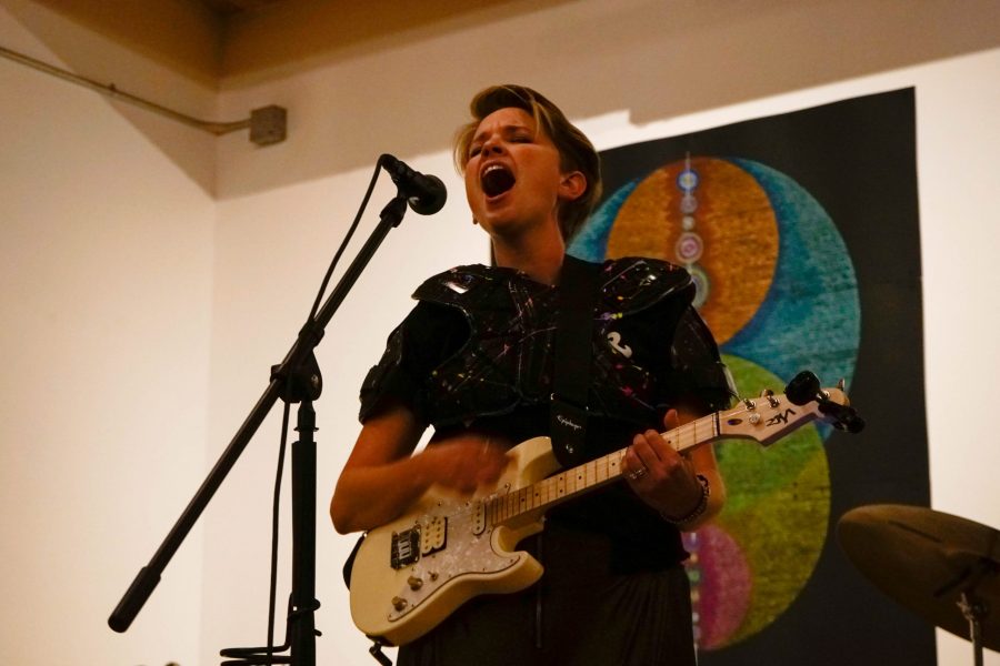 Mary Claxton, who is usually the drummer for Trash Cat, switched out her drum sticks for an electric ukulele for this performance.