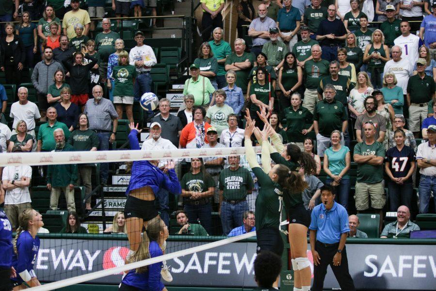 Paulina Hougaard-Jensen and a teammate leap to block the ball. (Devin Cornelius | Collegian)
