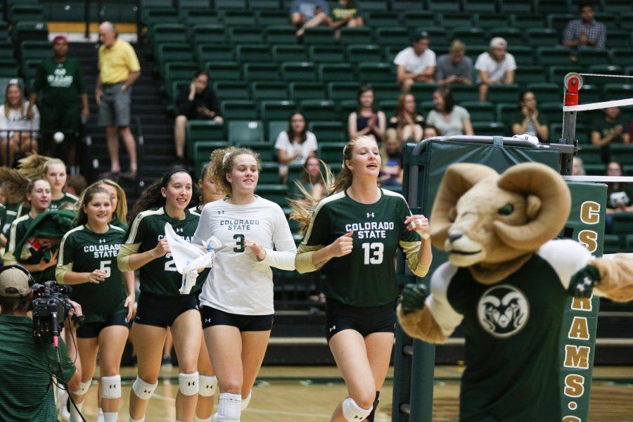 The team jogs out after halftime led by Cam the Ram (Devin Cornelius | Collegian)