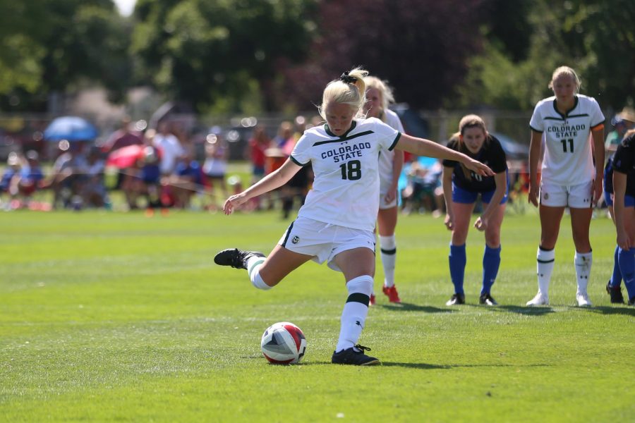 Senior Midfielder Beth Plentl kicks a penalty kick and scores to put the Rams ahead of the SMU Mustangs on Sept. 16 at the Rams Soccer Complex. (Elliott Jerge | Collegian)