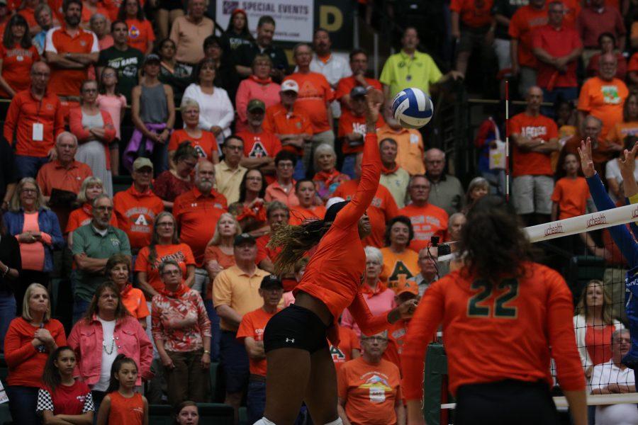Breana Runnels spikes the ball down for CSU (Devin Cornelius | Collegian)