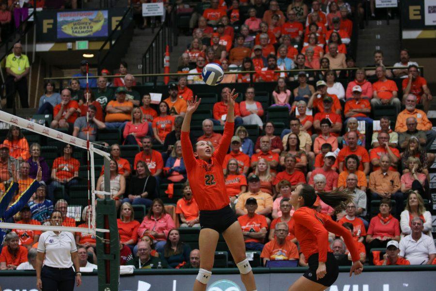 Katie Oleksak jump sets the ball for her teamate Paulina Hougaard-Jensen (Devin Cornelius | Collegian)