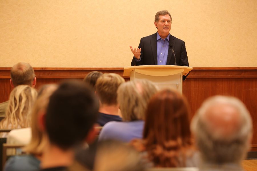 Greg Myre, a former NPR foreign correspondent, speaks about the current state of national security and world politics at the Lory Student Center on Sept. 17. (Forrest Czarnecki | The Collegian)
