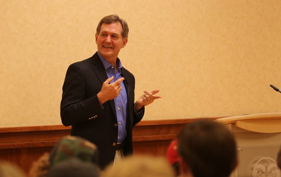 Greg Myre, a former NPR foreign correspondent, speaks about the current state of national security and world politics at the Lory Student Center on Sept. 17. (Forrest Czarnecki | The Collegian)