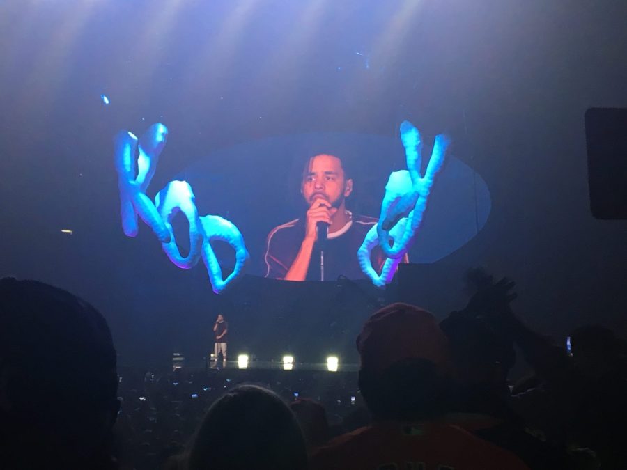 J. Cole preforms at the Pepsi Center on Sept. 10, 2018. Cole is currently on tour for his album KOD which dropped in April this year. (Isabelle Rayburn | Collegian). 