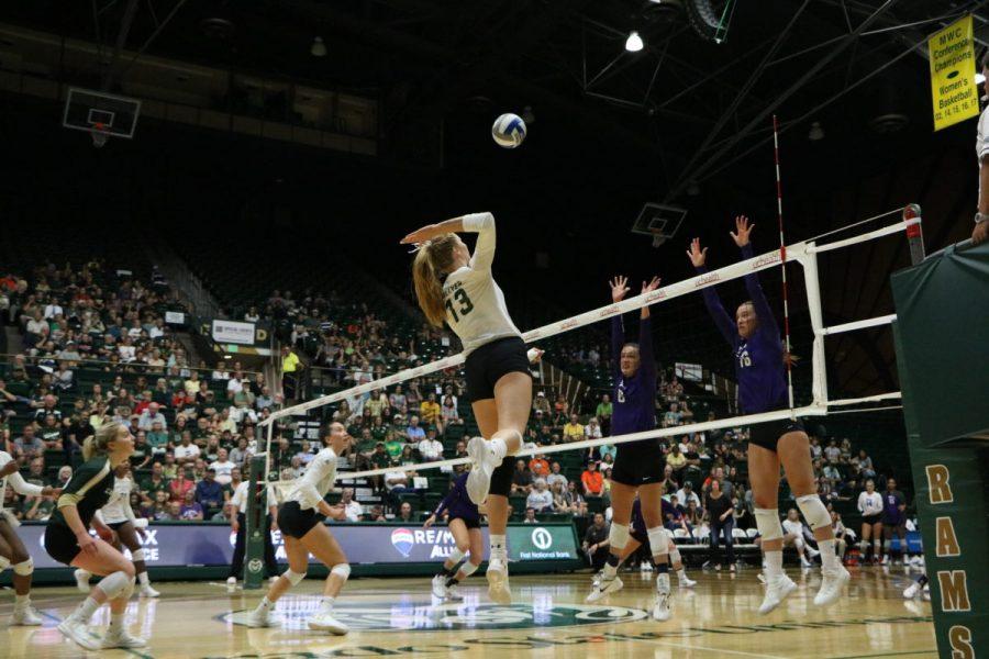 Kirstie Hillyer goes up for a kill during the Rams 3-1 win Sunday afternoon against TCU. (Joe Oakman | Collegian)
