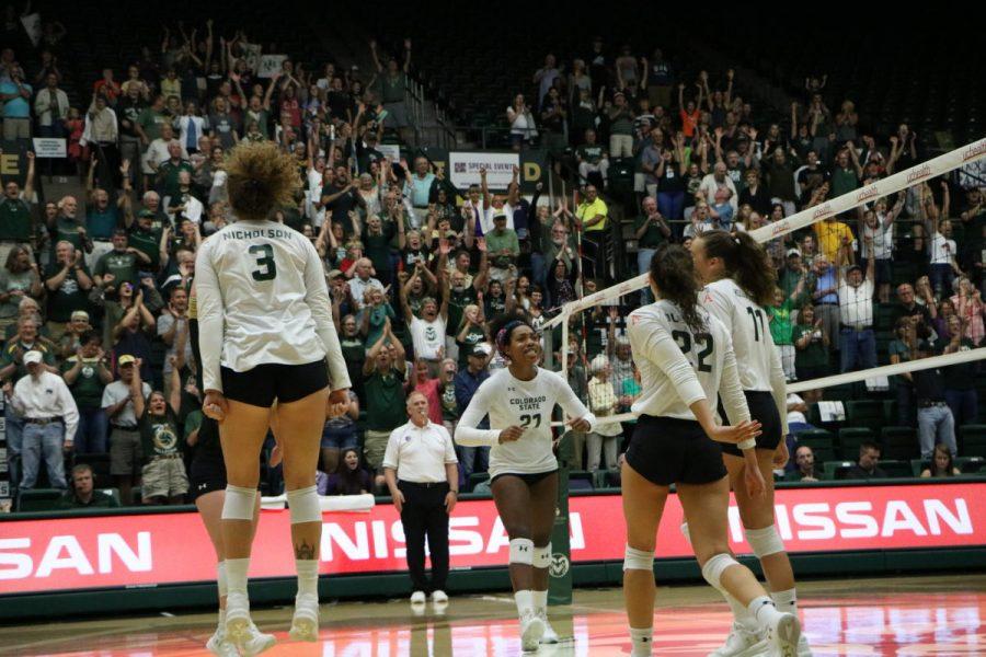 The Rams Celebrate after a fourth set win to win the match against TCU Sunday afternoon. (Joe Oakman | Collegian)