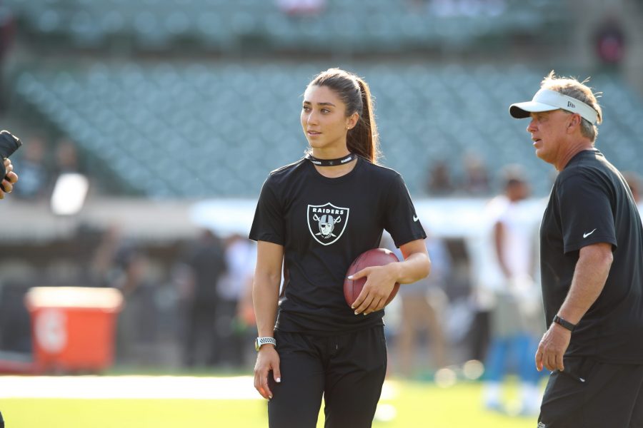 Oaklands Raiders coach Kelsey Martinez during warm ups before the Raiders and Detroit Lions game at Oakland Alameda County Coliseum on Aug. 10, 2018. (Photo courtesy of the Oakland Raiders)
