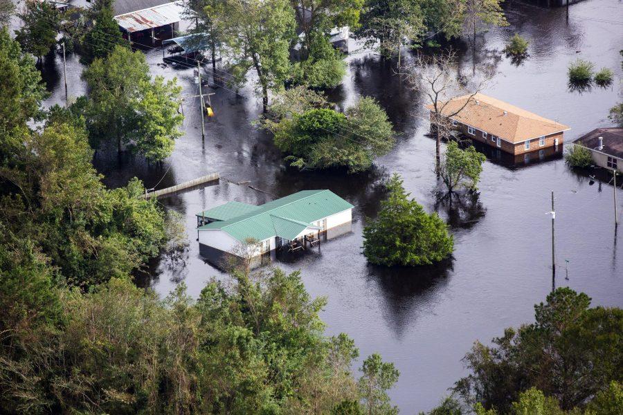 Three days after Hurricane Florence made landfall in Wilmington, NC, flood water still surrounds buildings in Trenton, NC, on Monday, Sept. 17, 2018. (Casey Toth/Raleigh News & Observer/TNS)