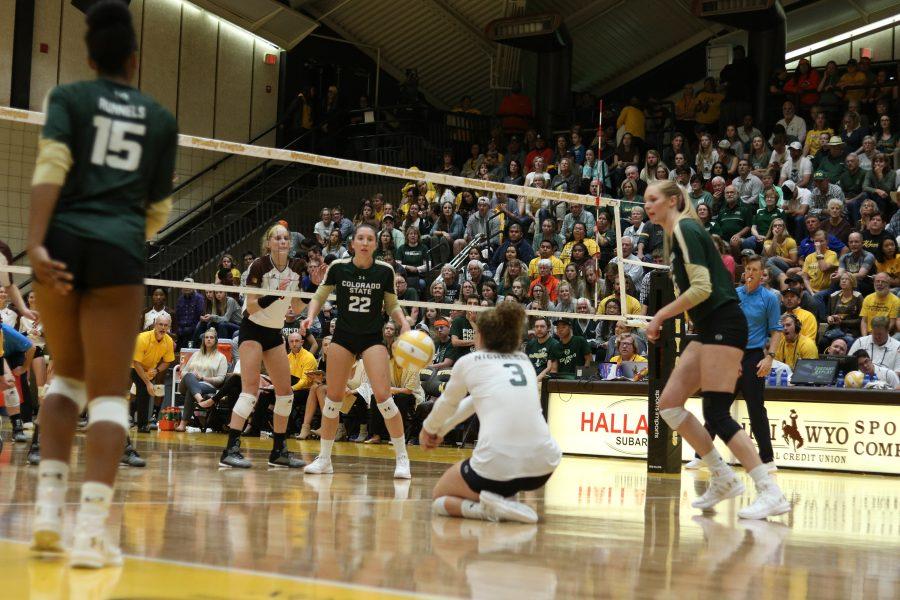 Olivia Nicholson keeps the ball in play by bumping it to Katie Oleksak (Devin Cornelius | Collegian)
