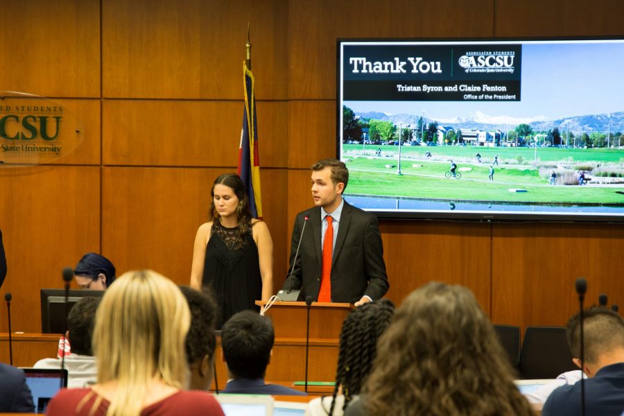 President Tristen Syron introduces topics of you plus three and tailgating changes. (Anna Baize | Collegian)