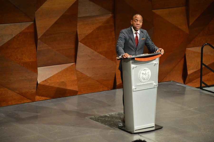 Former president and CEO of the NAACP, Cornell Brooks, speaks in the LSC theater on October 3rd, 2018. Brooks is a graduate of both Head Start and Yale Law School, as well as an ordained minister, civil rights attorney, and social justice activist. Brooks' Keynote address is a part of the Diversity Symposium. (Mackenzie Pinn | Collegian)