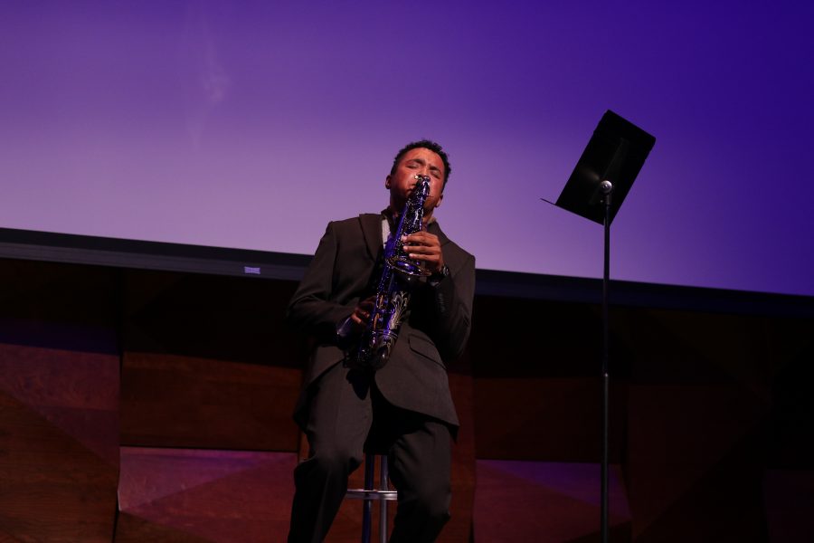 Miguel Mcmillan performs a fantastic Alto Saxophone solo during the talent part of the pageant. (Devin Cornelius | Collegian)