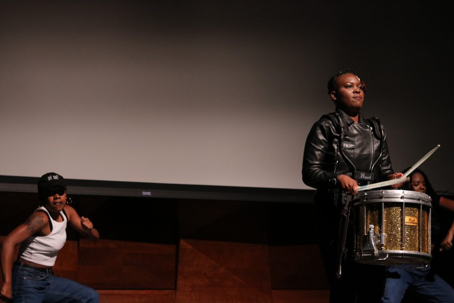 Melisa Poythress performs a dancing drum solo as part of the talent portion out of the pageant. (Devin Cornelius | Collegian)