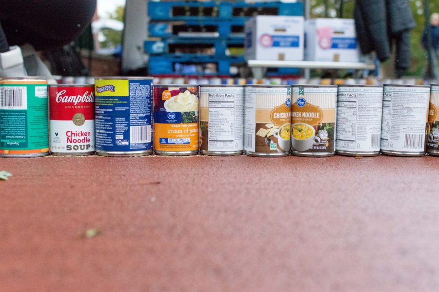 Cans from the Tri-Delta sorority sit on the plaza during the CANstruction. The sorority spent $145 on cans that came in on pallets. (AJ Frankson | Collegian)