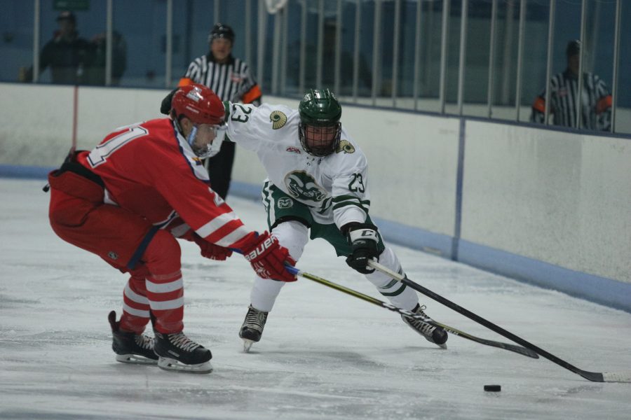 Tanner Gillis (23) races an Arizona defender to the puck. (Devin Cornelius | Collegain) 