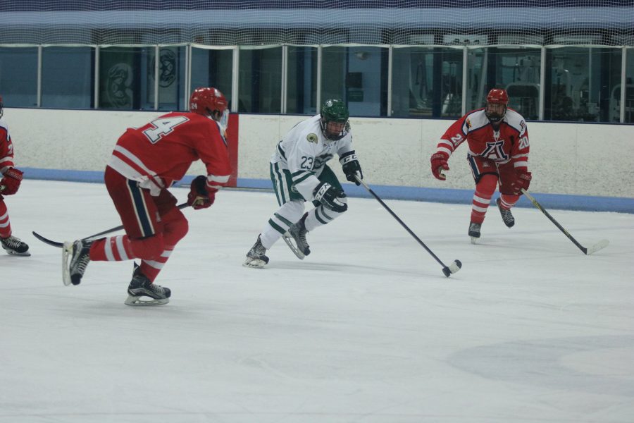Tanner Gillis(23) Manuvers around Arizona players as he looks for an opening at the goal. (Devin Cornelius | Collegian)