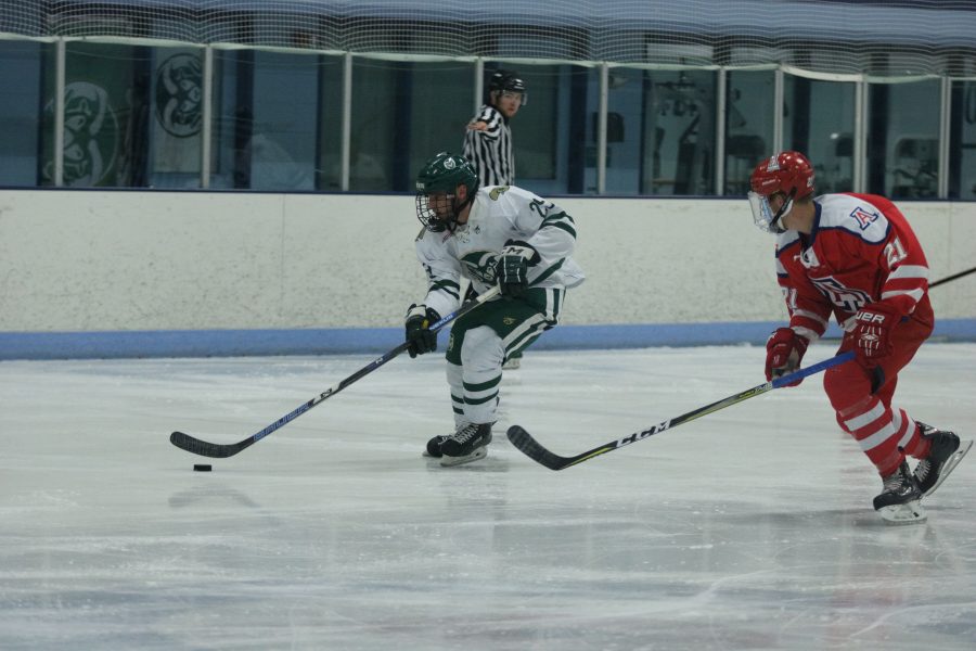 Austin Ansay (29) prepares to pass the puck down the rink. (Devin Cornelius | Collegian)