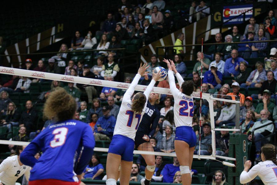 Katie Oleksak(22) and  Paulina Hougaard-Jensen(11) deflect the ball back down on to the Utah State defense (Devin Cornelius | Collegian)