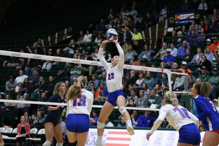 Katie Oleksak(22) sets Kirstie Hillyer up for a spike during their game vs Utah State.(Devin Cornelius | Collegian)