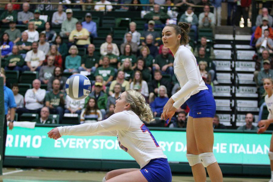 Maddi Foutz(16) bumps the ball up after a spike from Utah State while Paulina Houggard-Jensen watches. (Devin Cornelius |Collegian)