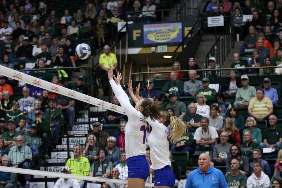 Paulina Hougaard- Jensen(11) and Sasha Colombo(7) leap into the air and attempt to block the ball. (Devin Cornelius | Collegian)]