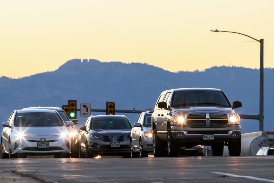 Traffic leaving Fort Collins from Harmony Road enters the on-ramp to reach I-25. (Jack Starkebaum | Collegian)