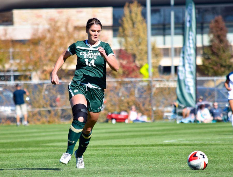 Hannah Gerdin chases the ball down field on Sunday October 21, 2018. (Alyse Oxenford | Collegian)
