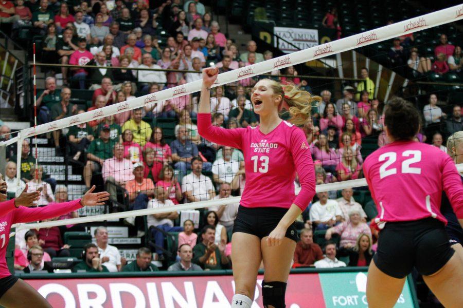 Kirstie Hillyer celebrates a good play in the game against Fresno State Oct. 27. (Ashley Potts | Collegian)