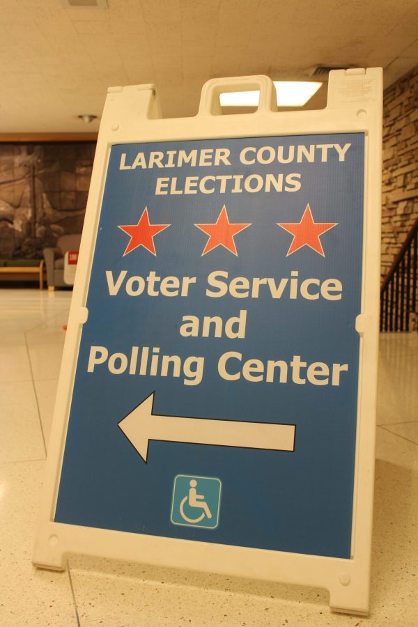 A sign for the Larimer County Elections points voters to the North Ballroom in the Lory Student Center. Election day is on Nov. 6th and voting/ballot drop off in the LSC can take place until 7pm on election day. (Matt Begeman | Collegian)