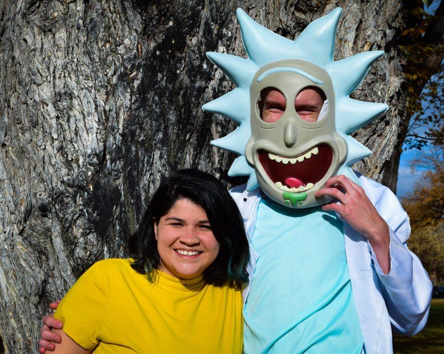 Rachel Lozano and Brandon Boxler smile in a Rick and Morty couples costume.  Photo illustration (Alyse Oxenford | Collegian)