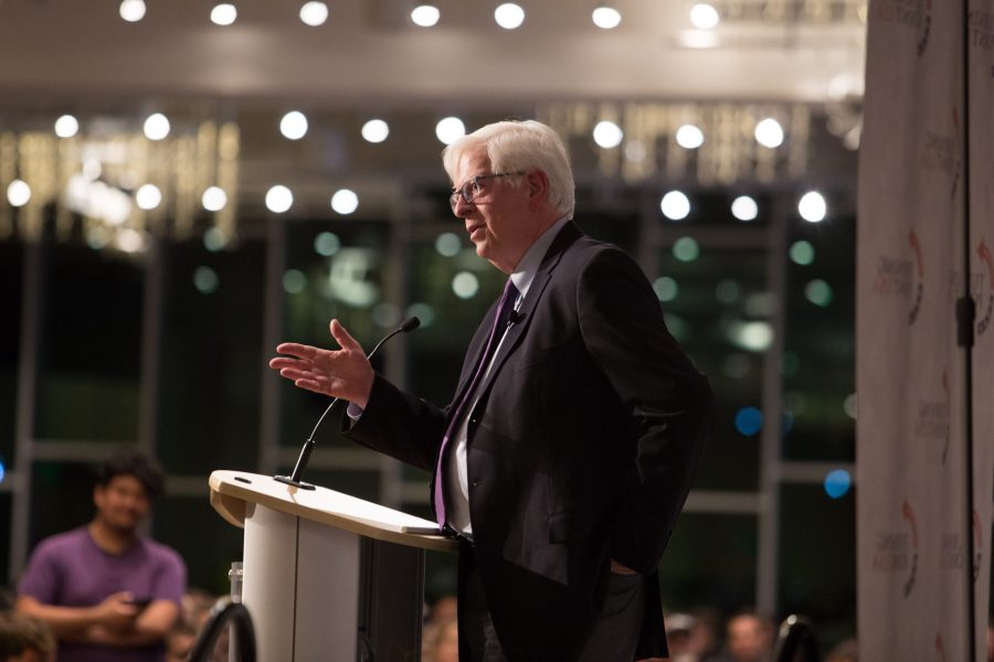 Dennis Prager answers questions during the Q&A session of the night on Oct. 29, 2018. (Anna Baize | Collegian)