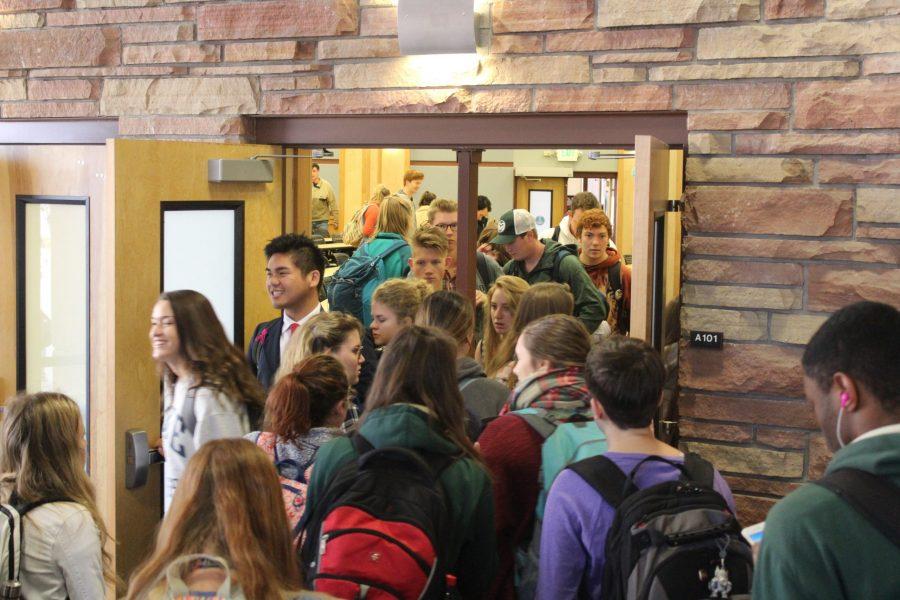 Students enter and exit class at the largest lecture hall in the Andrew G. Clark building on Oct. 29. (Matt Begeman | Collegian)