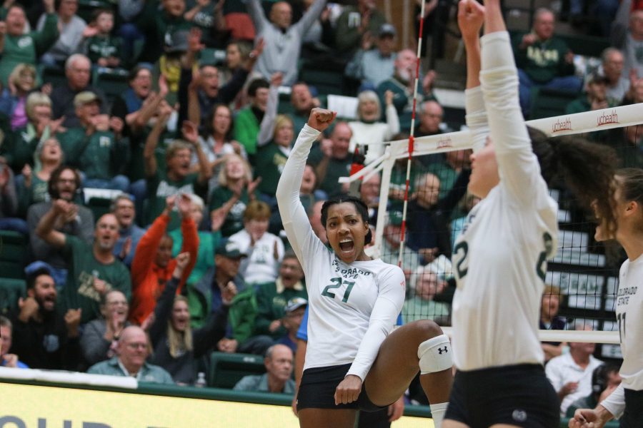 Jessica jackson (21) celebrates after CSU scores during their game against Wyoming (Devin Cornelius | Collegian)