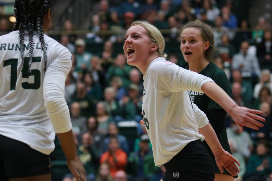 Maddi Foutz cheers after CSU Breana Runnels scores for CSU. (Devin Cornelius Collegian)