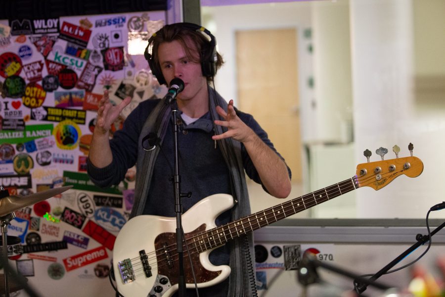 Jack Elliott of the band Fat Stallion plays bass and sings during his band’s KCSU in-studio performance on Sept. 28. (Josh Schroeder | Collegian)