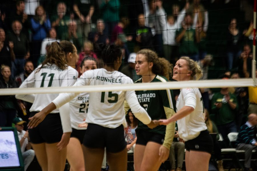 The Rams celebrate their win over the Boise State Broncos on October 11, 2018. Over the course of the game, CSU took all three sets, taking their season record to 13-6 with a 5-2 record in the Mountain West division. (Josh Schroeder | Collegian)