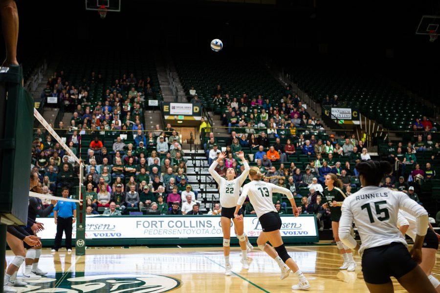 CSU Setter Katie Oleksak sets the ball for Kirstie Hillyer during the second set of game play. CSU would end the set with a score of 25-23 over the Broncos. (Josh Schroeder | Collegian)