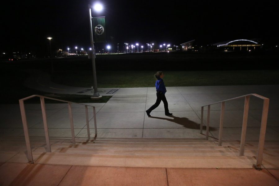 A Colorado State University police officer walks the perimeter of the LSC during Dennis Prager's appearance on Oct. 29, 2018. (Forrest Czarnecki | Collegian)
