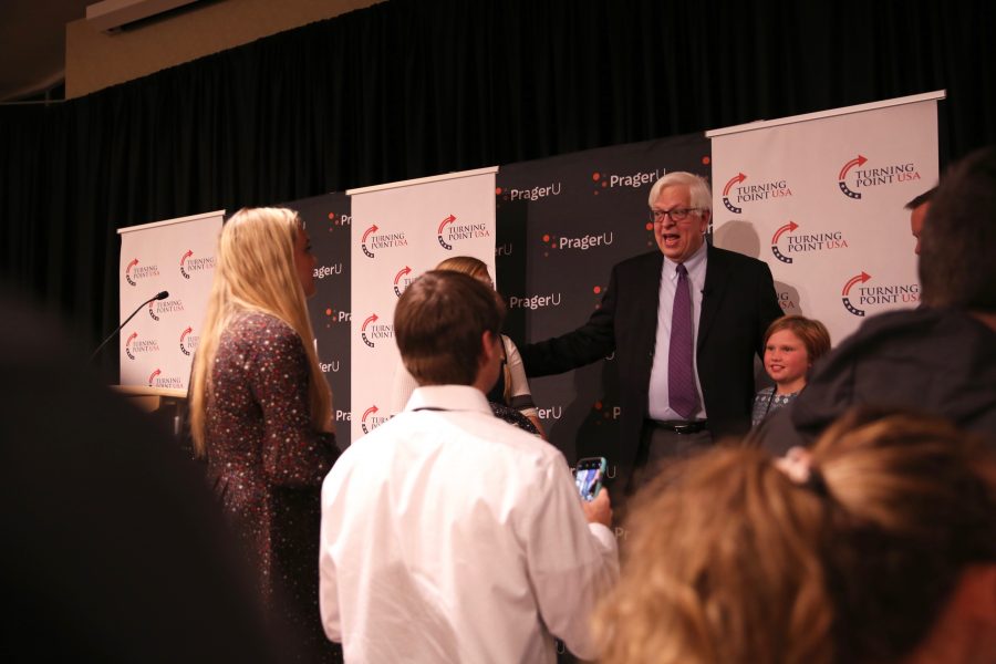 Conservative talk show host Dennis Prager talks to supporters following his speech on campus on Oct. 29, 2018. (Forrest Czarnecki | Collegian)