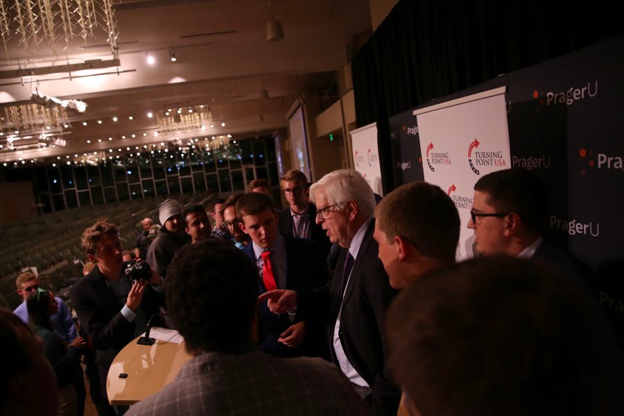 Conservative radio talk show host Dennis Prager chats with supporters and poses for photos following his speech on campus on Oct. 29, 2018. (Forrest Czarnecki | Collegian)