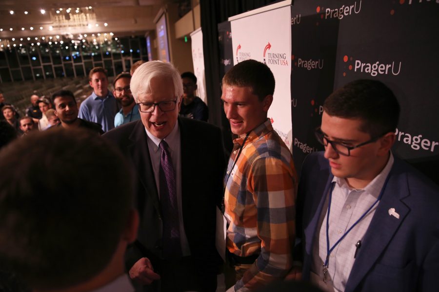 Conservative radio talk show host Dennis Prager chats with supporters and poses for photos following his speech on campus on Oct. 29, 2018. (Forrest Czarnecki | Collegian)