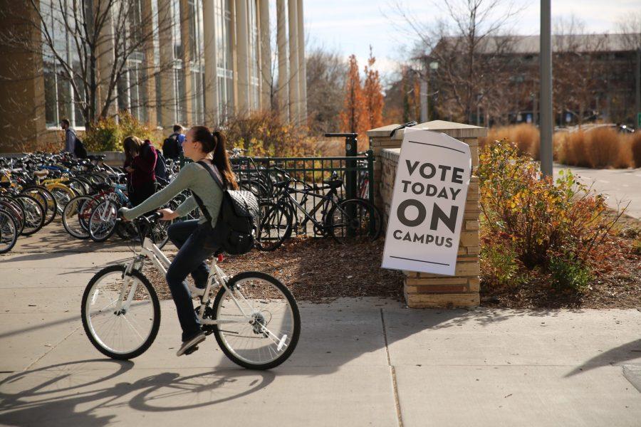 A sign advocating for students to go vote hangs near the Plaza on Tuesday, November 8th. (Forrest Czarnecki | Collegian)