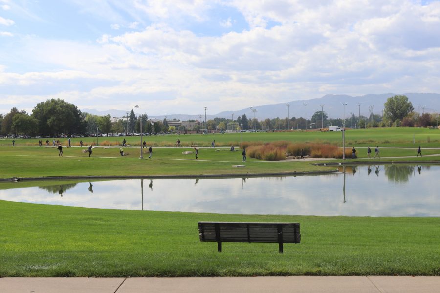 Students travel to class near the Colorado State University Lagoon. (Brooke Buchan | Collegian) 