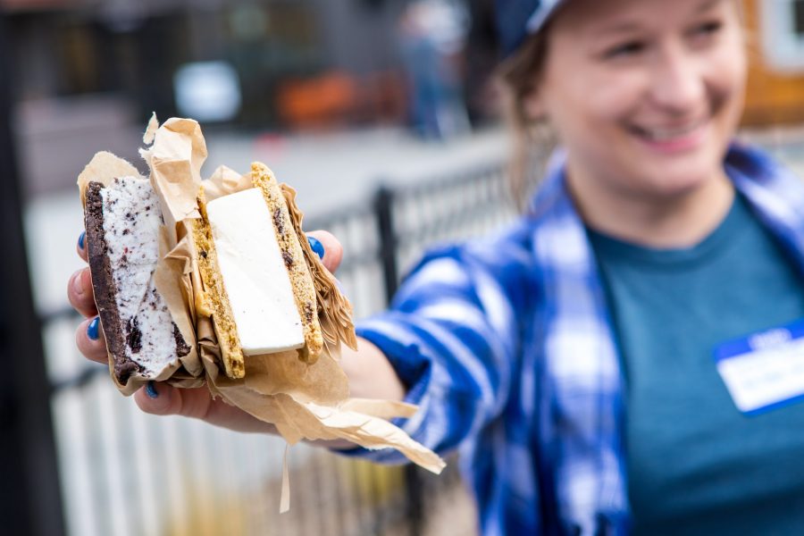 General manager of Old Town Churn Sharaine Peoples holds two ice-cream sandwiches at the Media Sneak-Peak on Oct. 24, 2018. (Brooke Buchan | Collegian) 